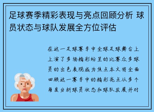 足球赛季精彩表现与亮点回顾分析 球员状态与球队发展全方位评估 足球赛季精彩表现与亮点回顾分析 球员状态与球队发展全方位评估