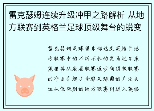 雷克瑟姆连续升级冲甲之路解析 从地方联赛到英格兰足球顶级舞台的蜕变