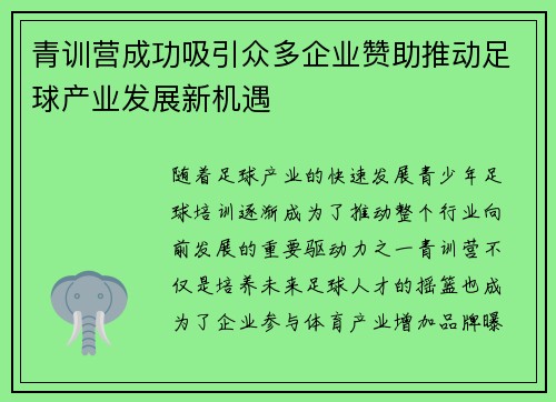 青训营成功吸引众多企业赞助推动足球产业发展新机遇 青训营成功吸引众多企业赞助推动足球产业发展新机遇